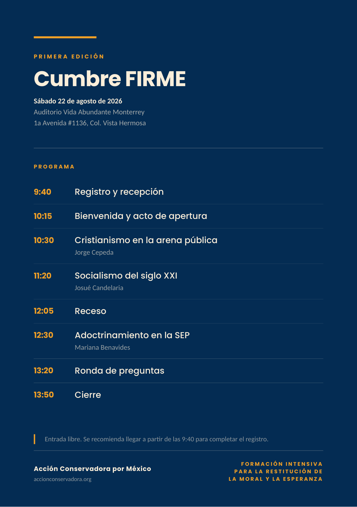 Programa de la Primera Cumbre FIRME, 22 de agosto de 2026